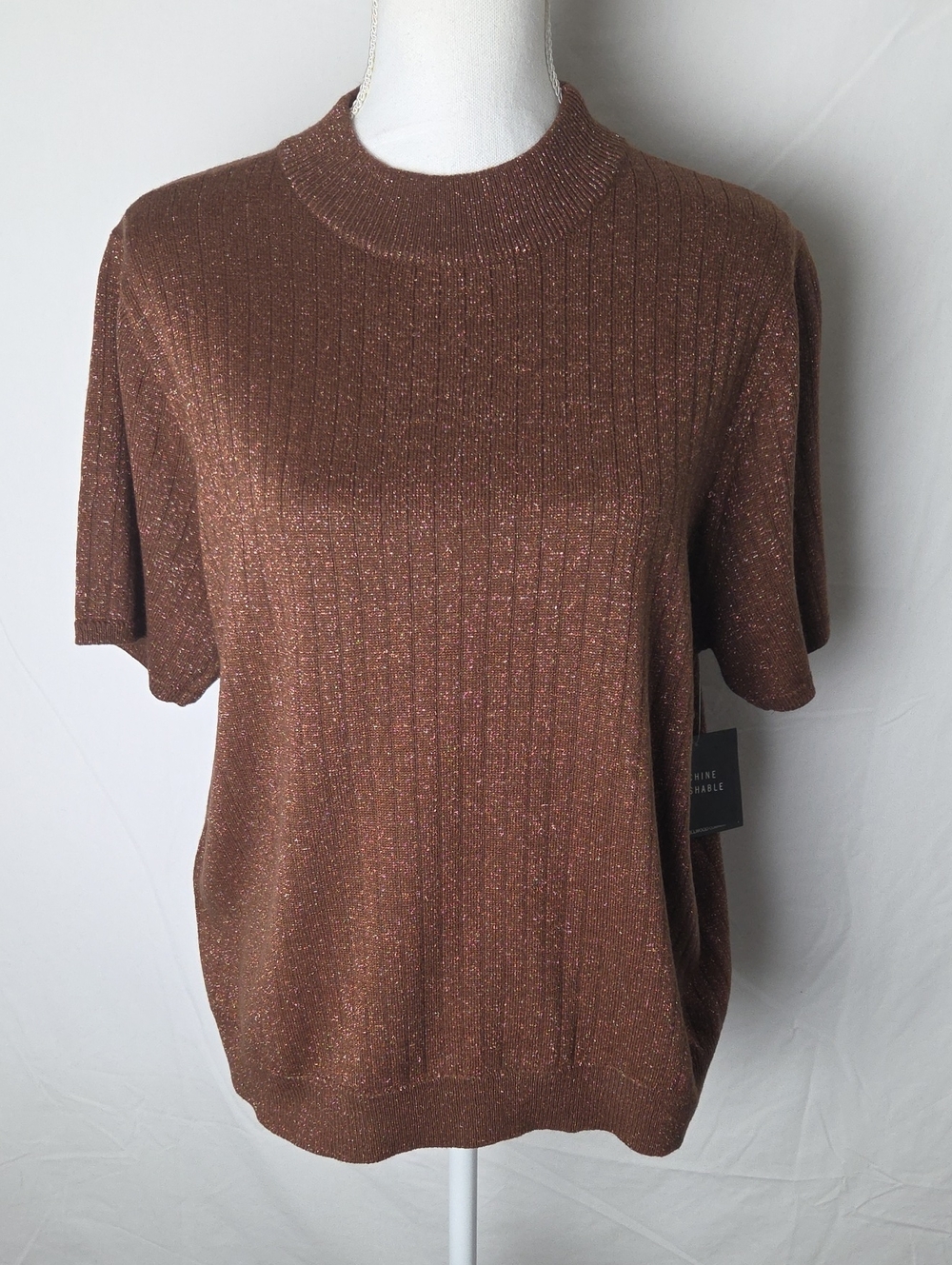 NWT VTG Sag Harbor Metallic Brown Short-Sleeve Knit Top Ribbed Mock Neck Size Lg